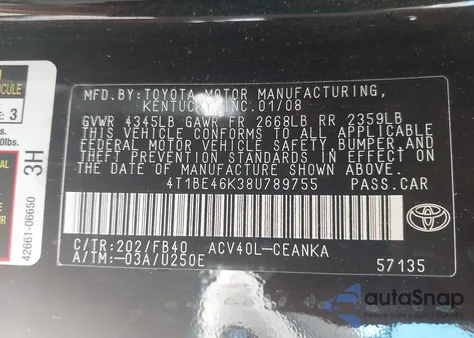 2008 Toyota Camry Le из США, поврежденный, VIN 4T1BE46K38U789755